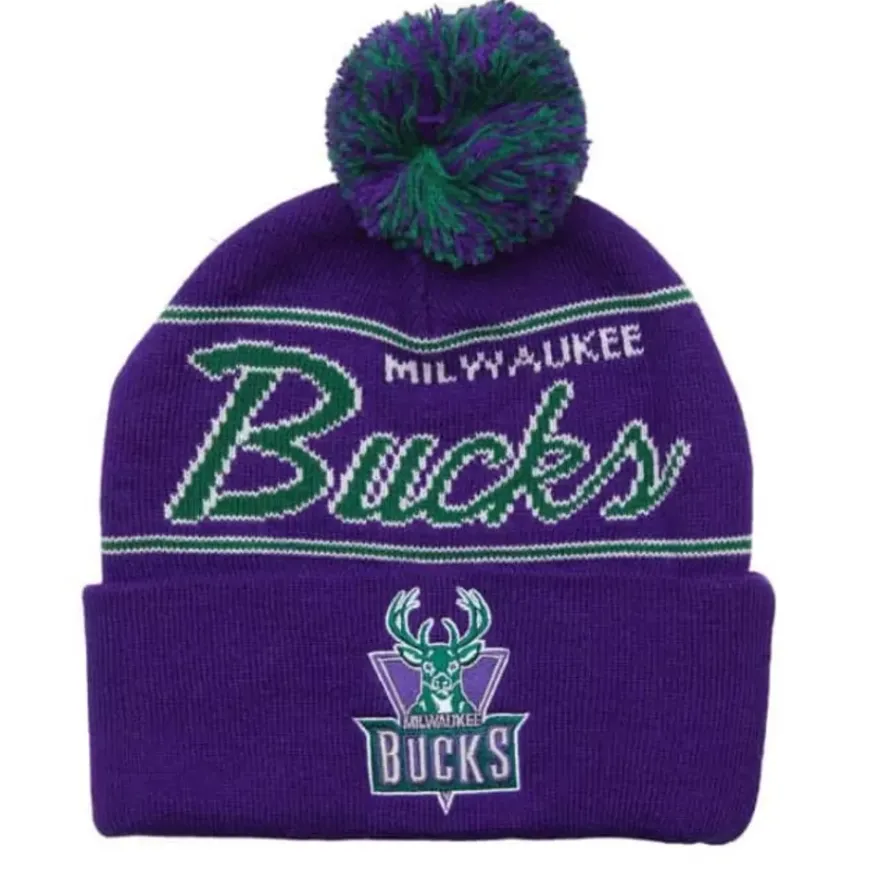 Mitchell & Ness Knit-Script Pom Beanie Hwc Milwaukee Bucks
