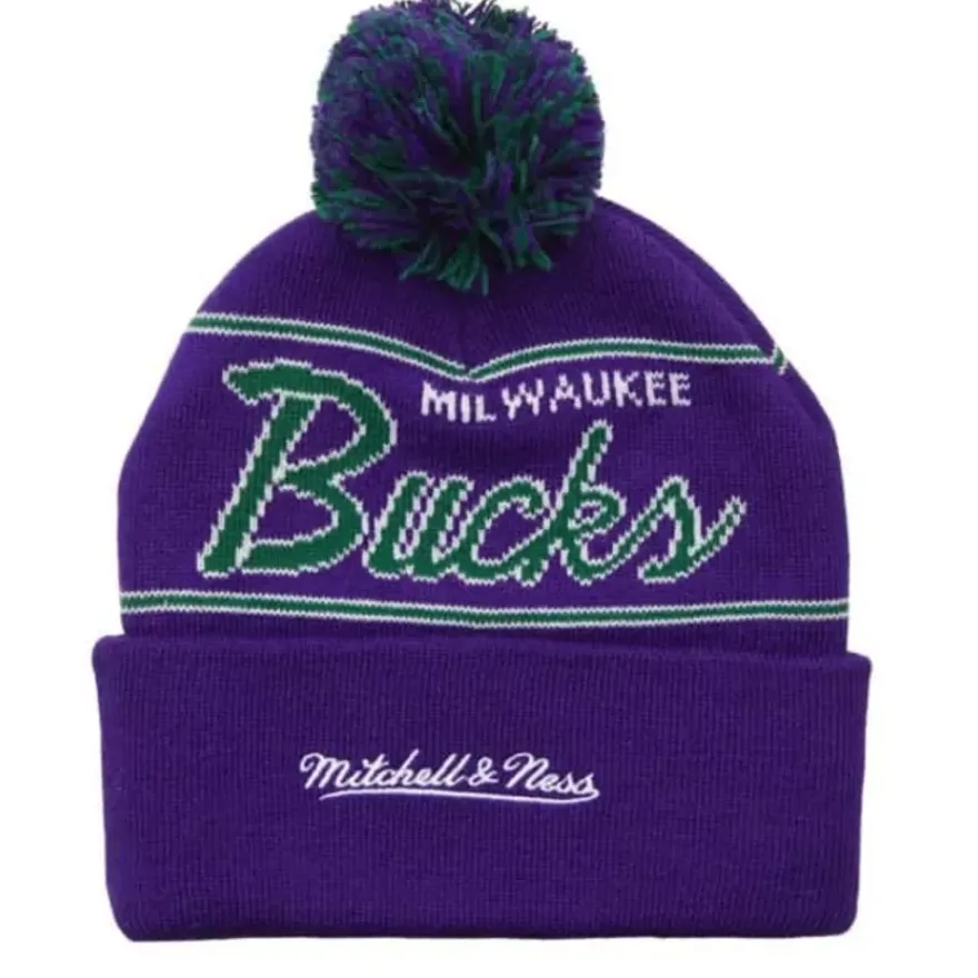 Mitchell & Ness Knit-Script Pom Beanie Hwc Milwaukee Bucks